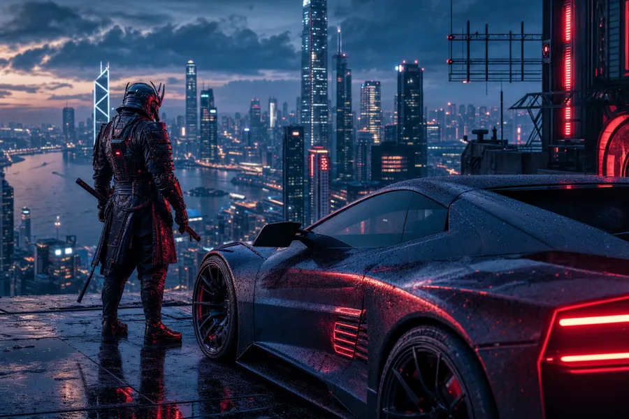 Cyber Samurai Standing On Skyscraper Supercars Wallpaper 5 4K 4