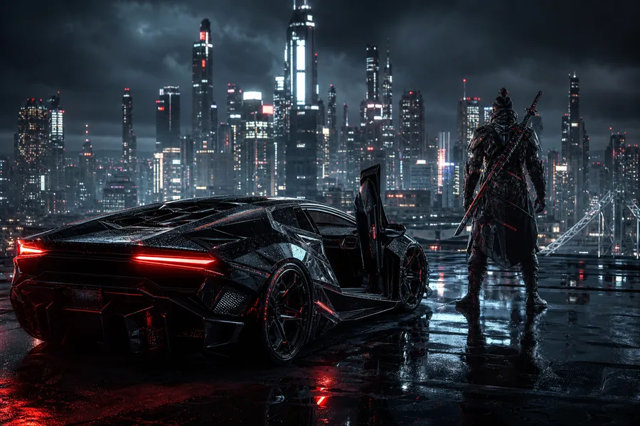 Cyber Samurai Standing On Skyscraper Supercars Wallpaper 5 4K 7