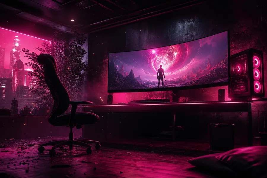 Cyberpunk Gaming Room With Ultrawide Monitor Gaming Wallpaper 4 4K 7