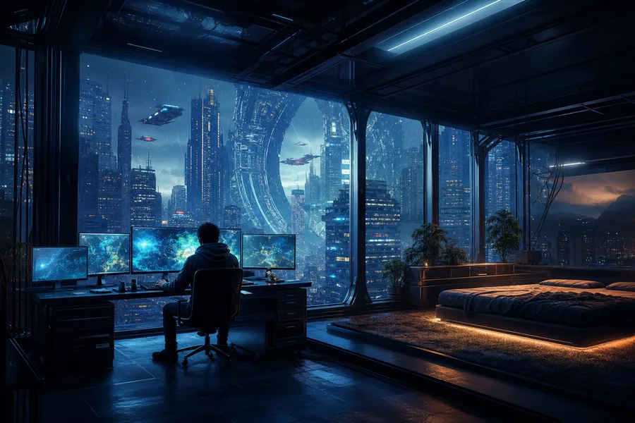Cyberpunk Hacker Room With Neon Screens Architecture Wallpaper 3 4K 3