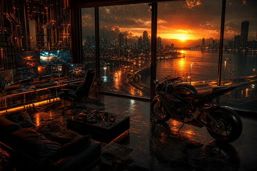 Cyberpunk Hacker Room With Neon Screens Motorcycles Wallpaper 3 4K 2
