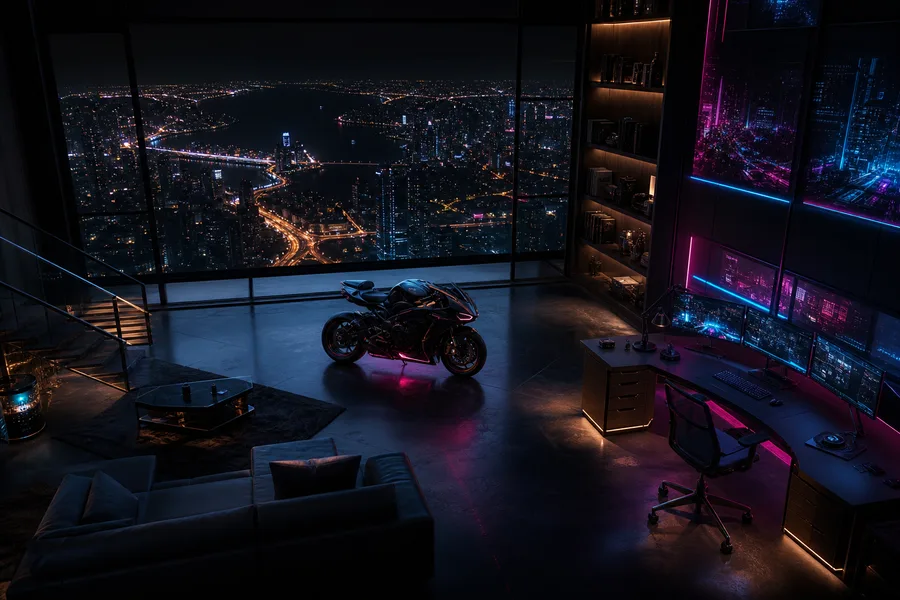 Cyberpunk Hacker Room With Neon Screens Motorcycles Wallpaper 3 4K 3
