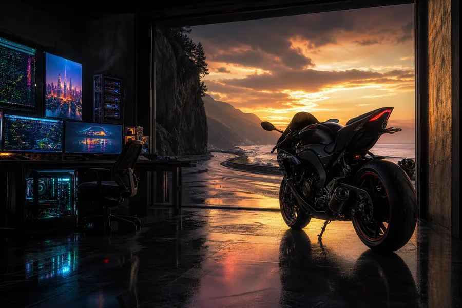 Cyberpunk Hacker Room With Neon Screens Motorcycles Wallpaper 3 4K 5
