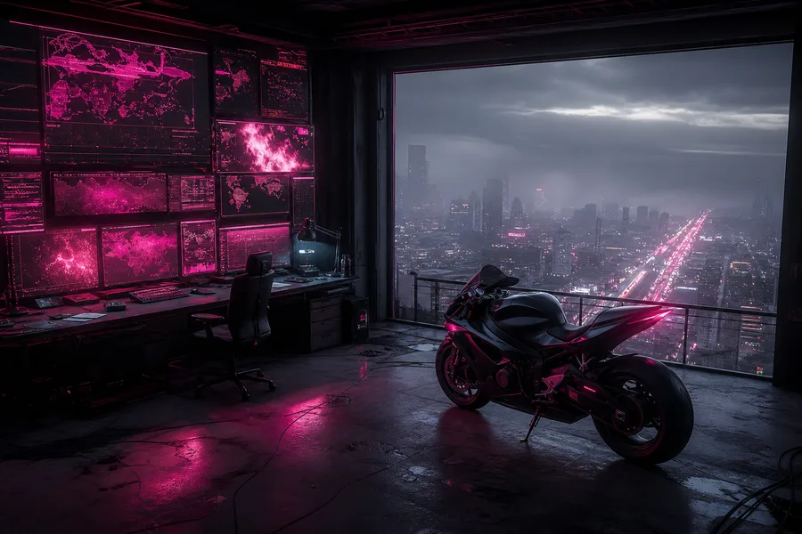 Cyberpunk Hacker Room With Neon Screens Motorcycles Wallpaper 3 4K 7