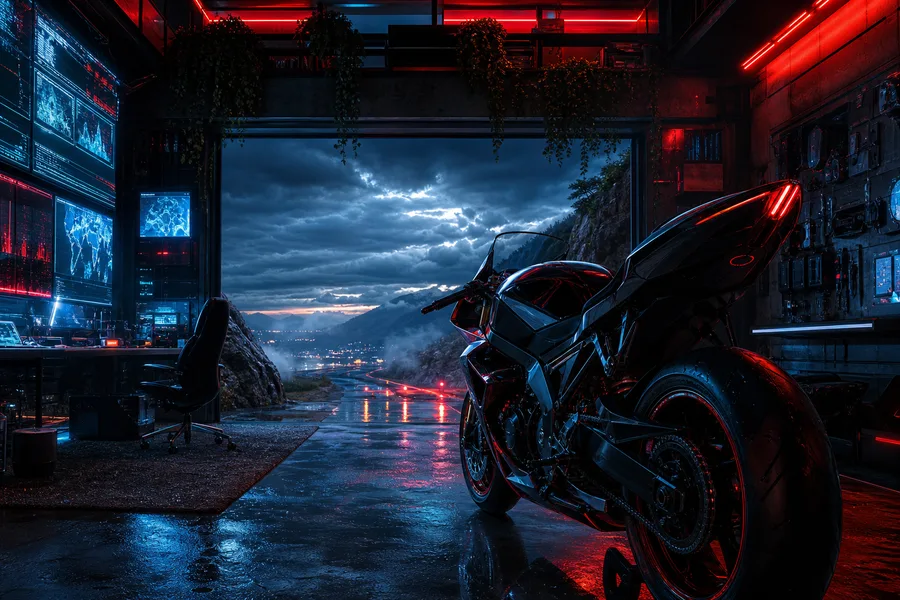 Cyberpunk Hacker Room With Neon Screens Motorcycles Wallpaper 3 4K