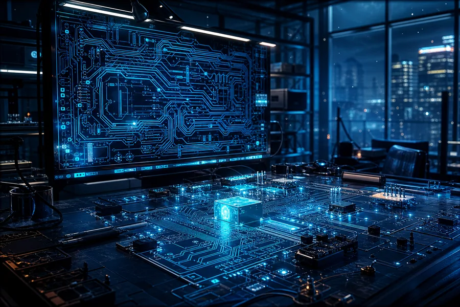 Cyberpunk Hacker Room With Neon Screens Pcb-Design Wallpaper  3 4K