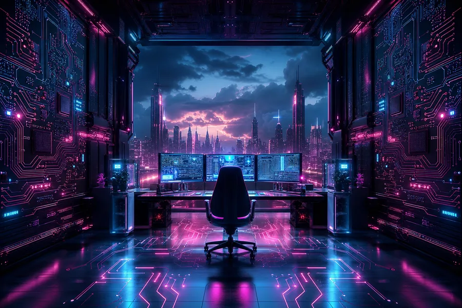Cyberpunk Hacker Room With Neon Screens Pcb-Design Wallpaper  3 4K
