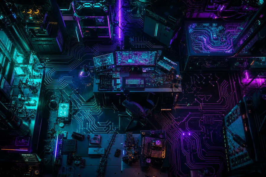 Cyberpunk Hacker Room With Neon Screens Pcb-Design Wallpaper 3 4K 4