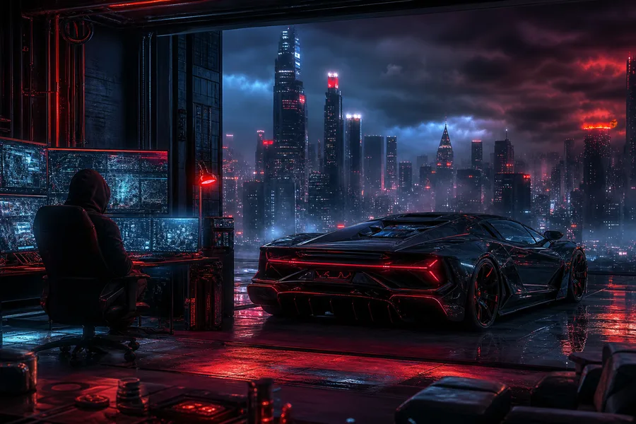 Cyberpunk Hacker Room With Neon Screens Supercars Wallpaper  3 4K