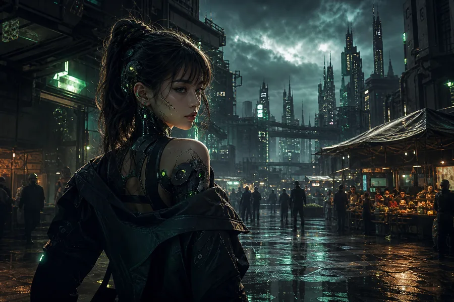Dark Cyberpunk Market Street Ai-Girls Wallpaper 8 4K 6