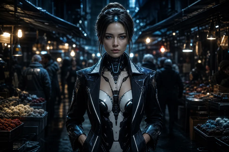 Dark Cyberpunk Market Street Female-Androids Wallpaper  8 4K