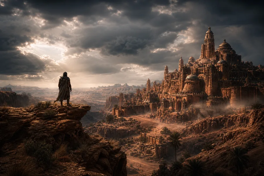 Epic Adventure Desert Scene With Dramatic Clouds Movie Wallpaper 7 4K 2