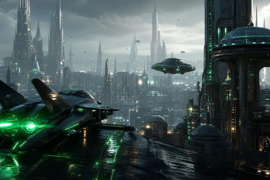 Epic Science Fiction City With Flying Vehicles Cinematic Style Movie Wallpaper  1 4K