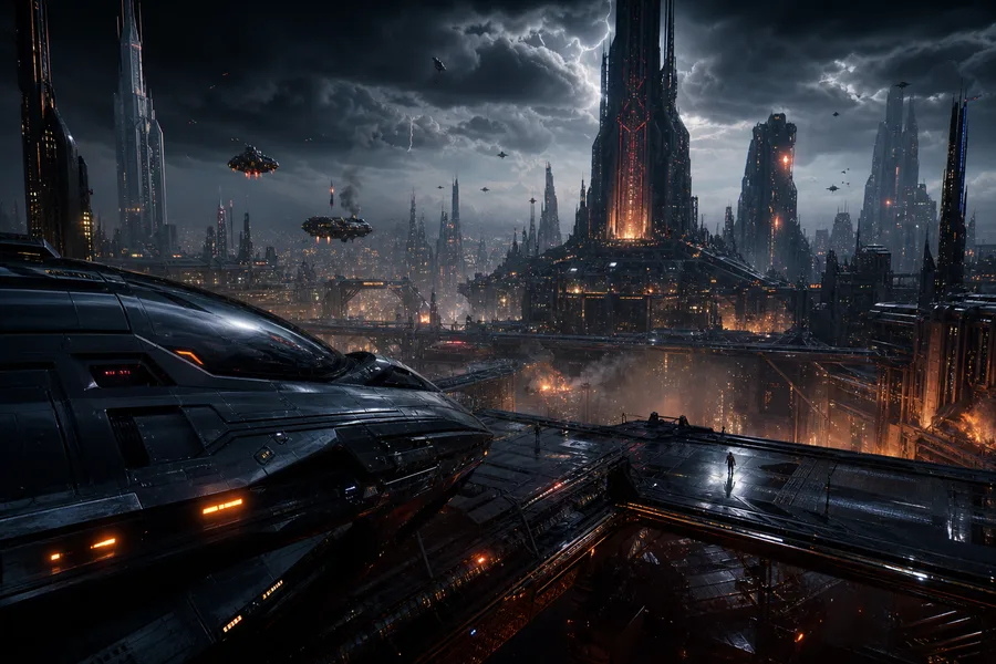 Epic Science Fiction City With Flying Vehicles Cinematic Style Movie Wallpaper 1 4K 2