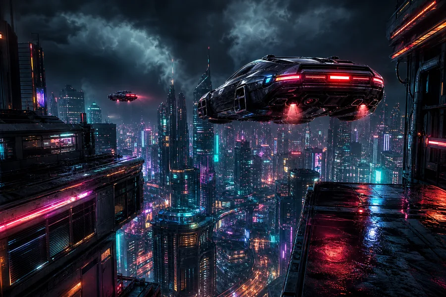 Flying Cars Above Neon Downtown Cyberpunk Wallpaper  13 4K