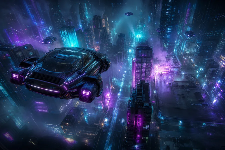 Flying Cars Above Neon Downtown Cyberpunk Wallpaper 13 4K 3