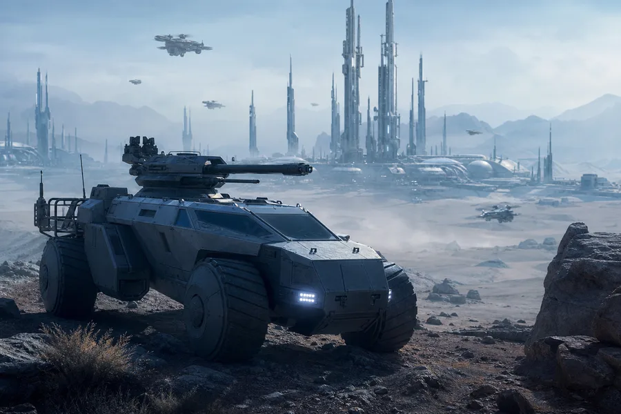 Futuristic Armored Vehicle In Desert Military Wallpaper  1 4K