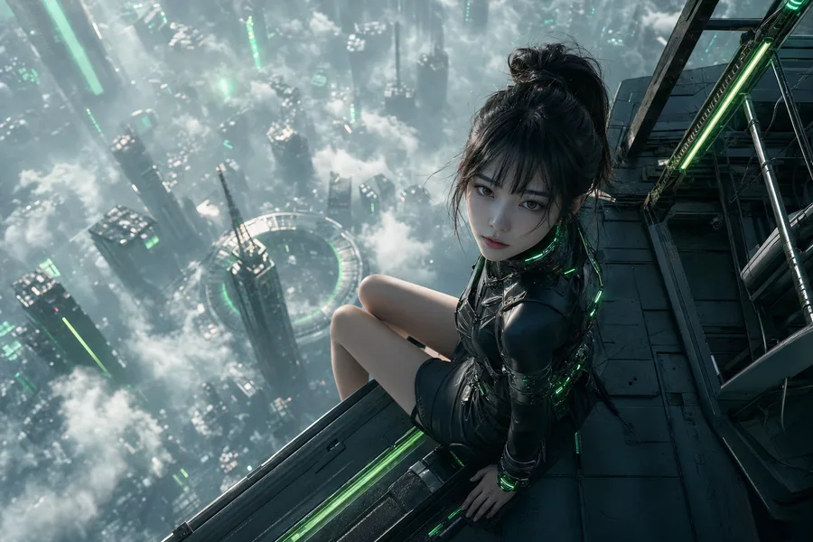Futuristic Rooftop City View Ai-Girls Wallpaper 9 4K 2