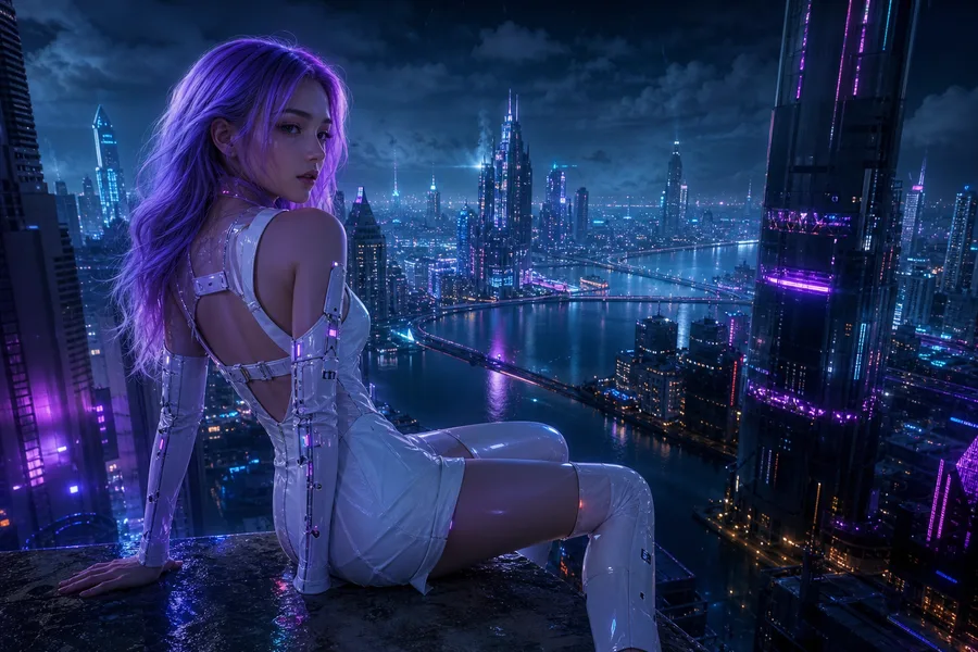 Futuristic Rooftop City View Ai-Girls Wallpaper 9 4K 5