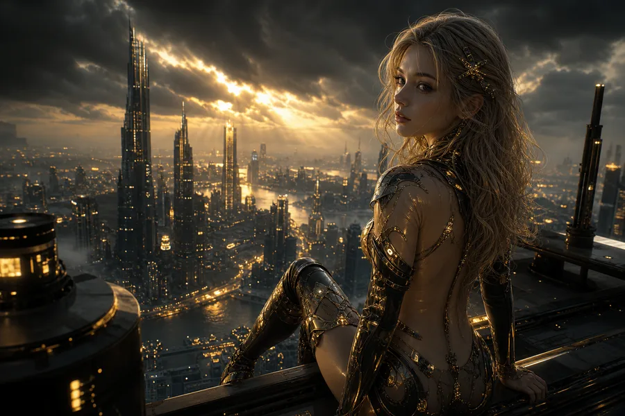 Futuristic Rooftop City View Ai-Girls Wallpaper 9 4K 7