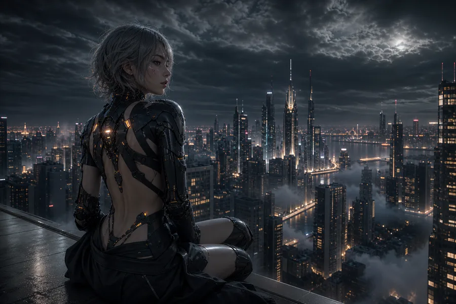 Futuristic Rooftop City View Ai-Girls Wallpaper 9 4K