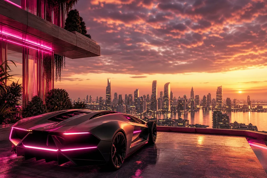 Futuristic Rooftop City View Supercars Wallpaper 9 4K 7