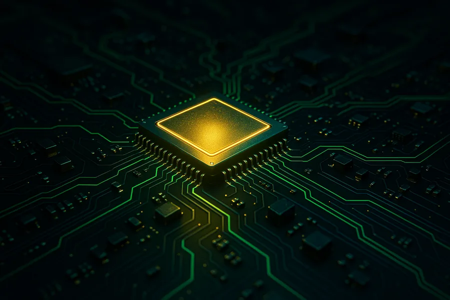 Glowing Microchip On Dark PCB Electronics Wallpaper 2 4K 3