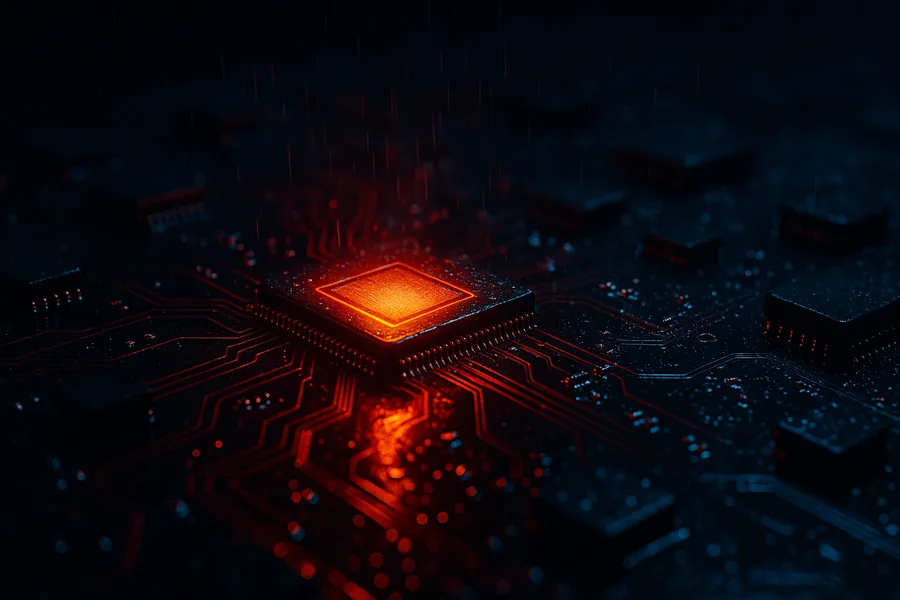 Glowing Microchip On Dark PCB Electronics Wallpaper 2 4K