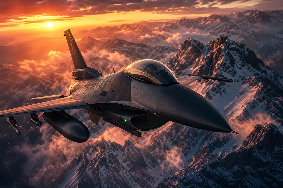Modern Fighter Jet Above Snow Covered Mountains At Sunrise Airplanes Wallpaper 1 4K 10