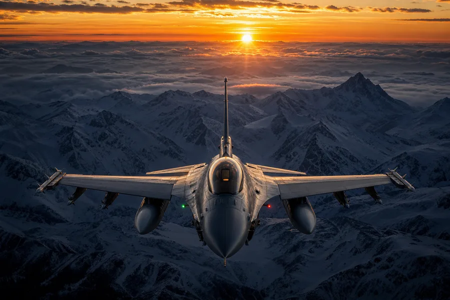 Modern Fighter Jet Above Snow Covered Mountains At Sunrise Airplanes Wallpaper 1 4K 2