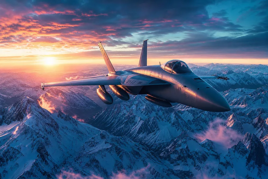 Modern Fighter Jet Above Snow Covered Mountains At Sunrise Airplanes Wallpaper 1 4K 7