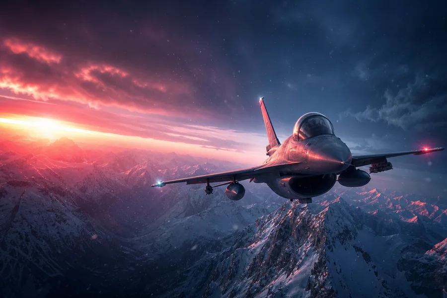 Modern Fighter Jet Above Snow Covered Mountains At Sunrise Airplanes Wallpaper 1 4K 8