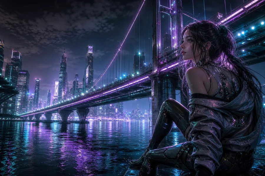 Neon Bridge Over Futuristic River Ai-Girls Wallpaper 11 4K 3