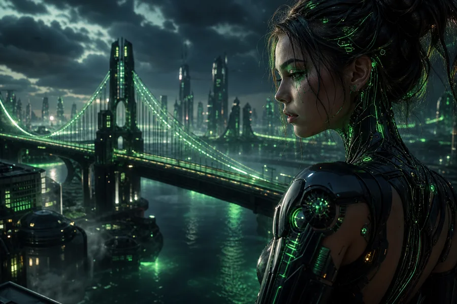 Neon Bridge Over Futuristic River Ai-Girls Wallpaper 11 4K 6