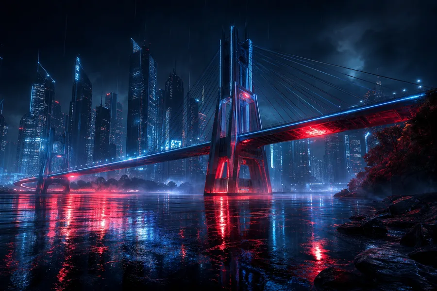 Neon Bridge Over Futuristic River Cyberpunk Wallpaper 11 4K 5