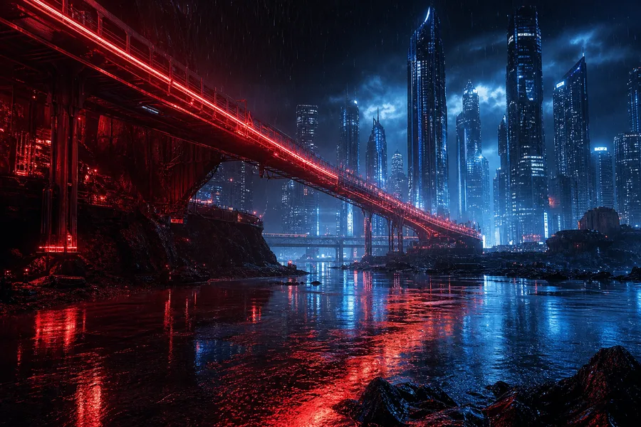 Neon Bridge Over Futuristic River Cyberpunk Wallpaper 11 4K