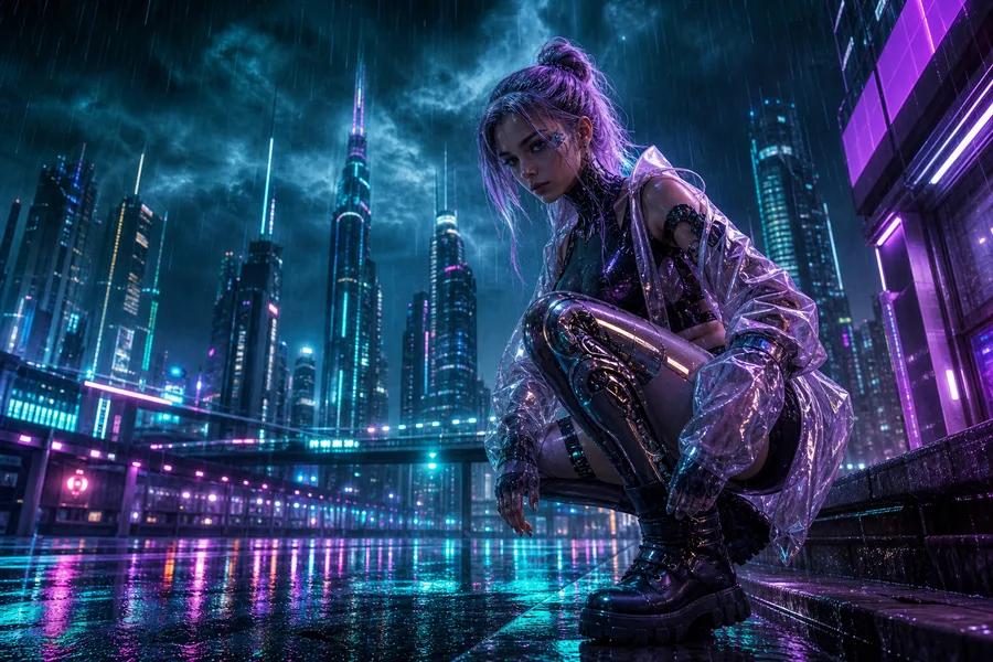 Neon Cyberpunk City In Rain Ai-Girls Wallpaper 1 4K 7