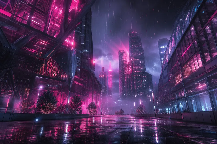 Neon Cyberpunk City In Rain Architecture Wallpaper 1 4K 5