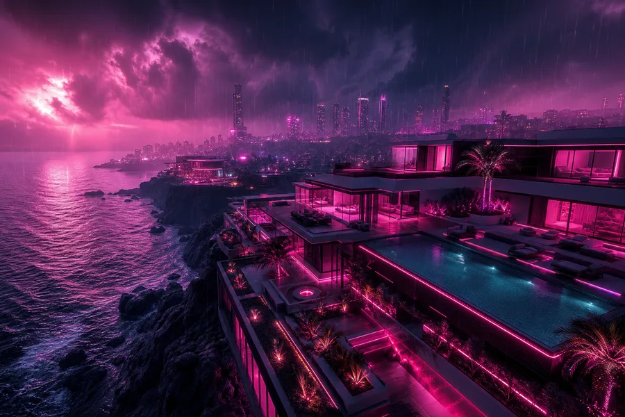 Neon Cyberpunk City In Rain Luxury-Villas Wallpaper 1 4K 4