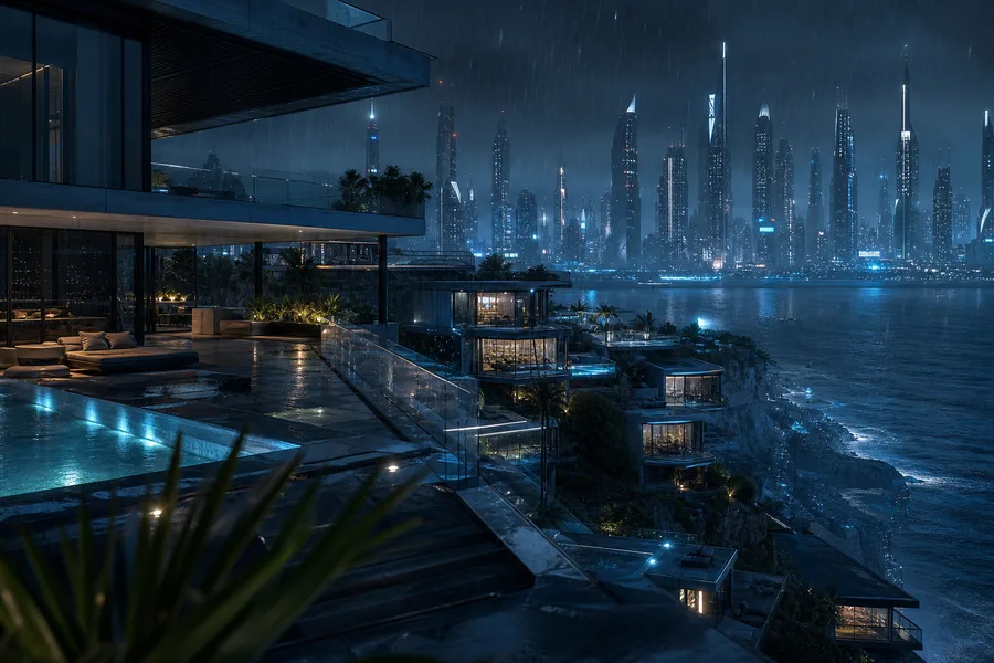 Neon Cyberpunk City In Rain Luxury-Villas Wallpaper  1 4K