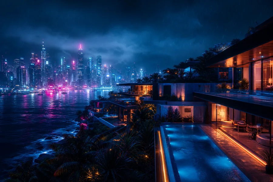 Neon Cyberpunk City In Rain Luxury-Villas Wallpaper 1 4K