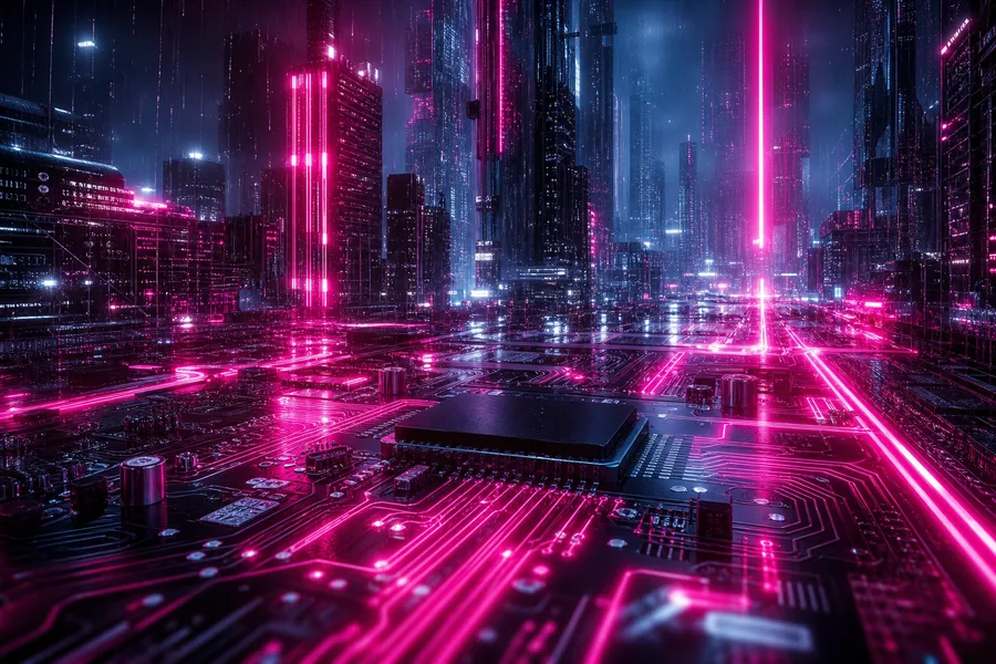 Neon Cyberpunk City In Rain Pcb-Design Wallpaper  1 4K