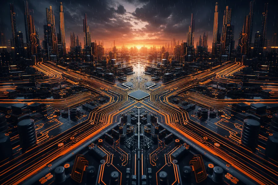 Neon Cyberpunk City In Rain Pcb-Design Wallpaper 1 4K 3