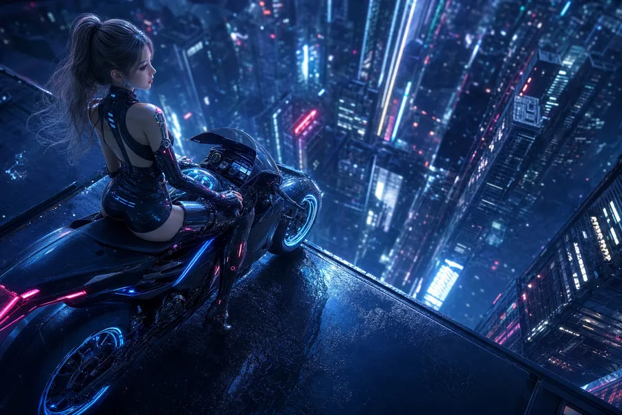 Neon Motorcycle In Cyberpunk City Ai-Girls Wallpaper 7 4K 6