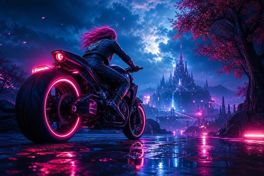 Neon Motorcycle In Cyberpunk City Fantasy Wallpaper 7 4K 2