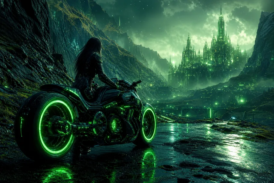 Neon Motorcycle In Cyberpunk City Fantasy Wallpaper  7 4K