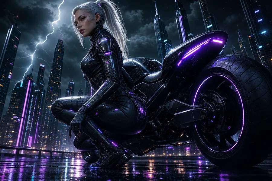 Neon Motorcycle In Cyberpunk City Female-Androids Wallpaper  7 4K