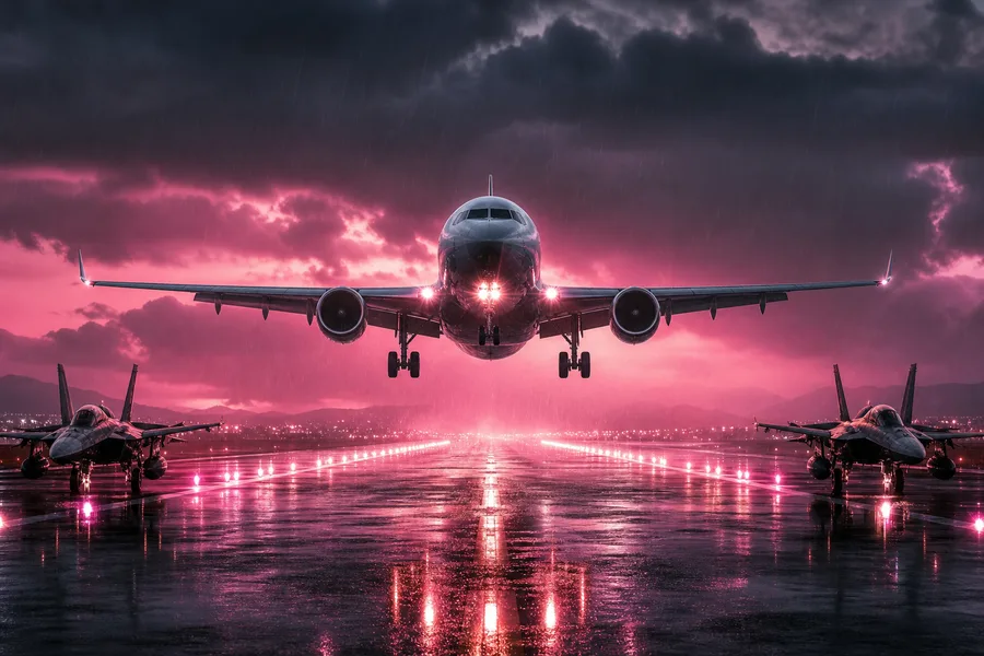 Passenger Aircraft Landing In Rainy Airport Lights Airplanes Wallpaper 8 4K 3