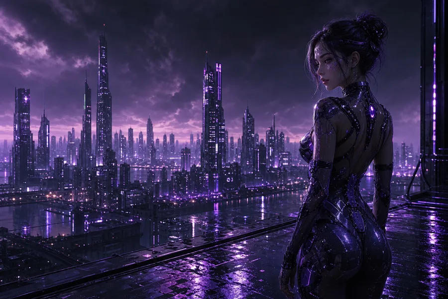 Purple Futuristic Megacity Skyline Ai-Girls Wallpaper 6 4K 3