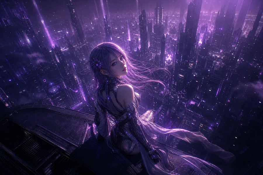 Purple Futuristic Megacity Skyline Ai-Girls Wallpaper 6 4K 4